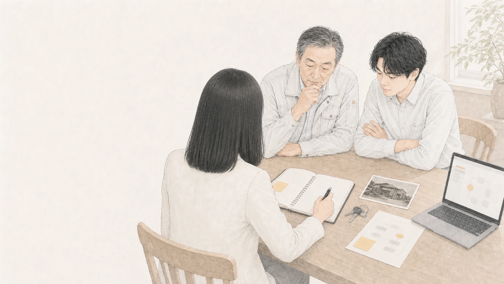 家族経営の創業者と後継世代の話を、後ろ姿の女性診断士が聴きながらノートに整理する様子