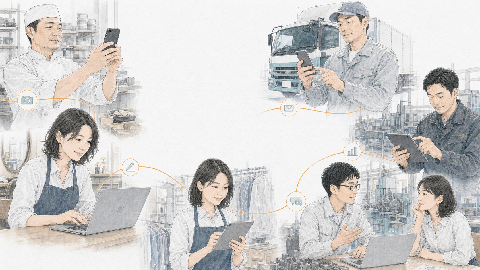 飲食店、美容室、運送会社、製本会社、クリーニング店の事業者が自分たちでWebを更新し改善する姿