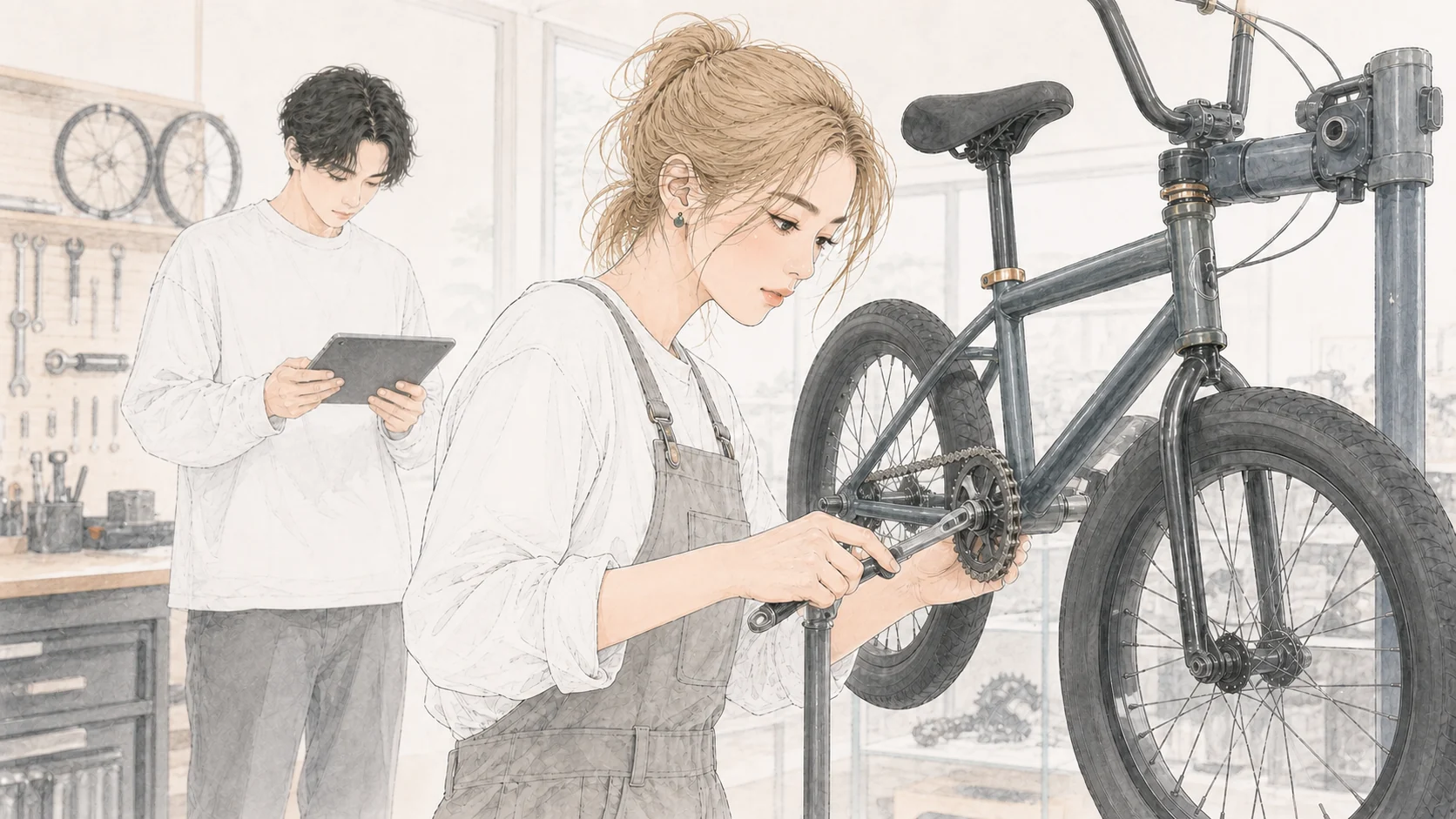 BMXショップで金髪を束ねた女性整備士が自転車を整備する様子