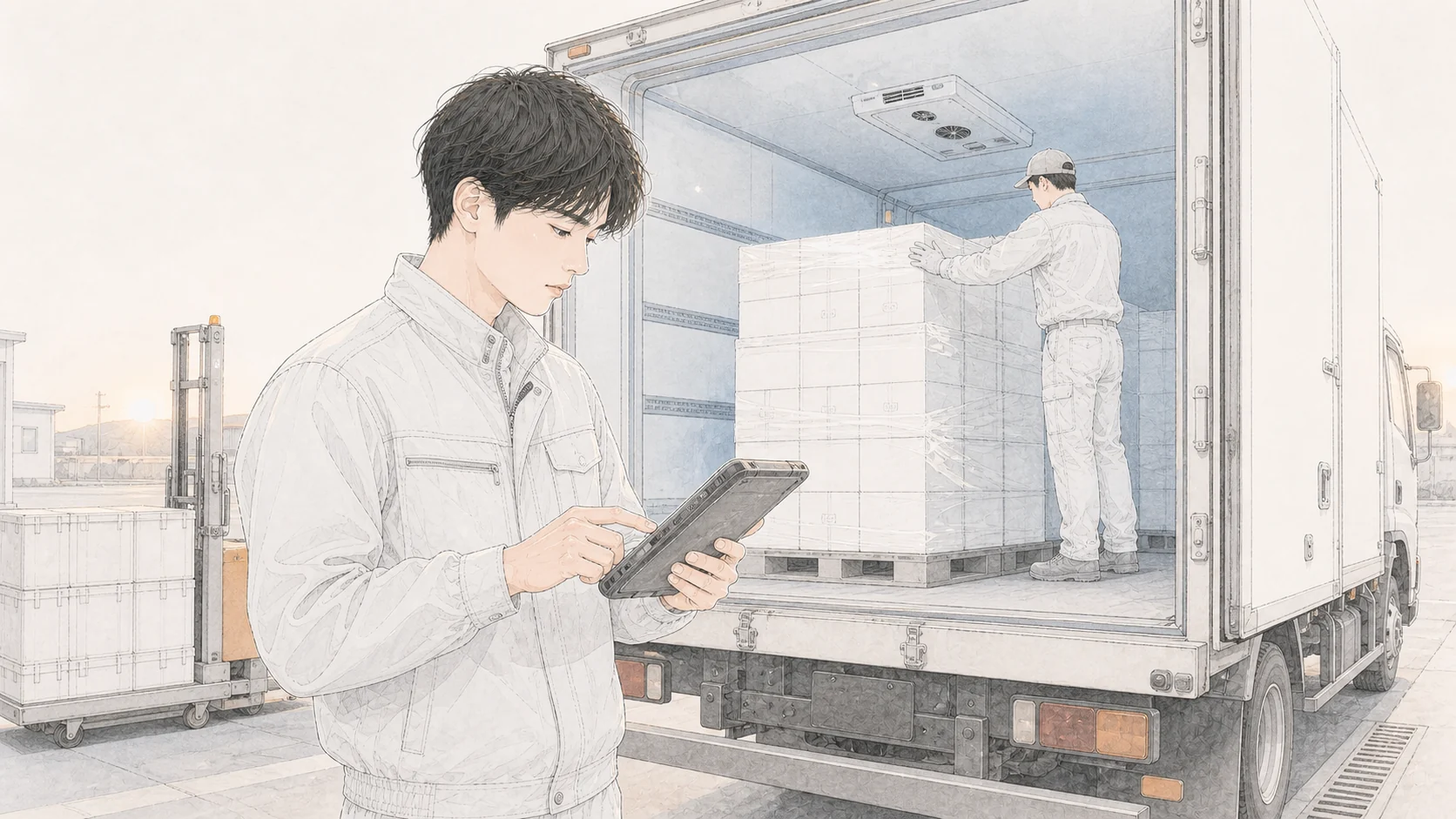 食品運送会社で担当者が冷蔵車の荷物とタブレットを確認する様子