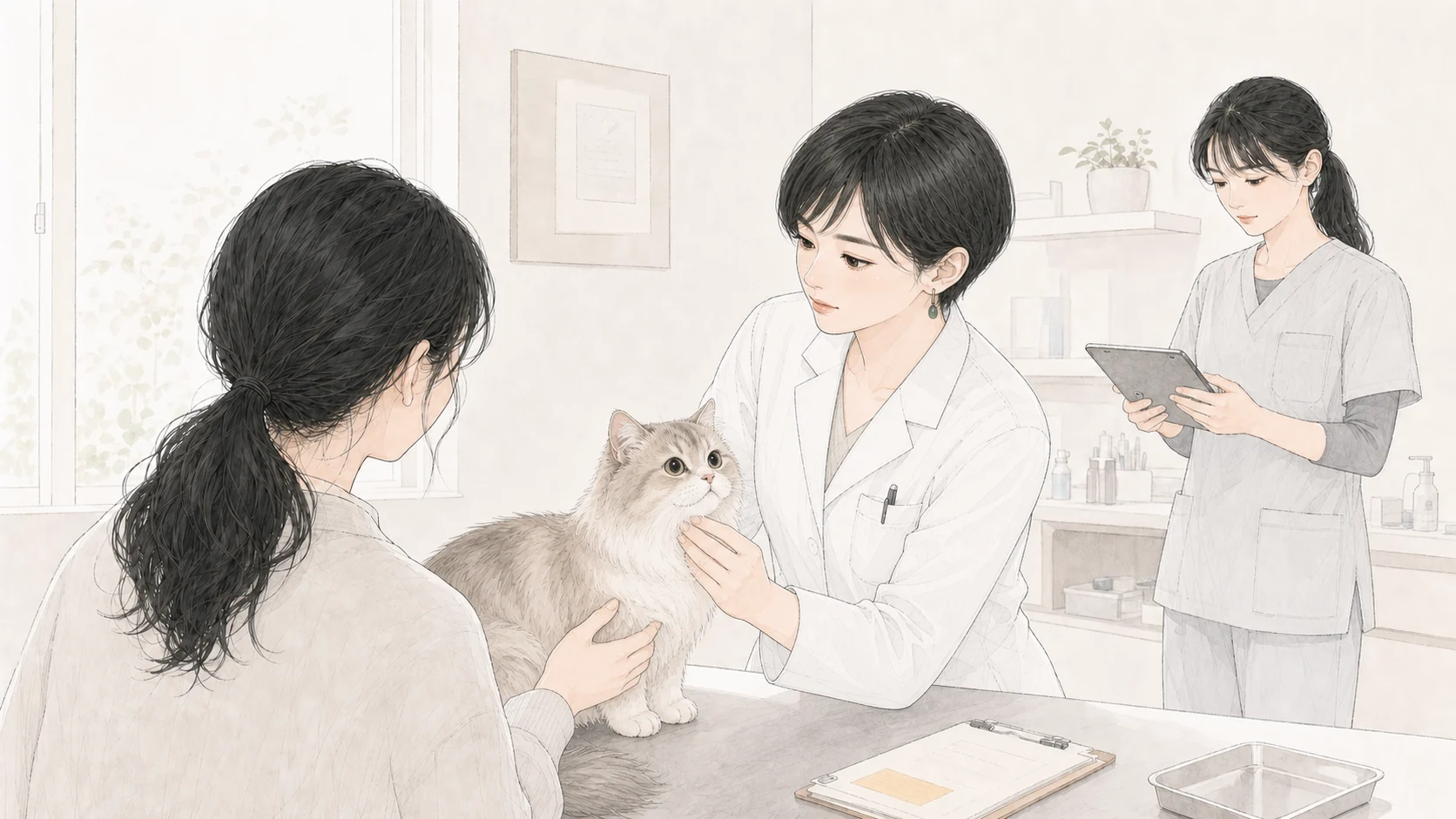 動物病院でショートカットの女性獣医師がミヌエットを診察する様子